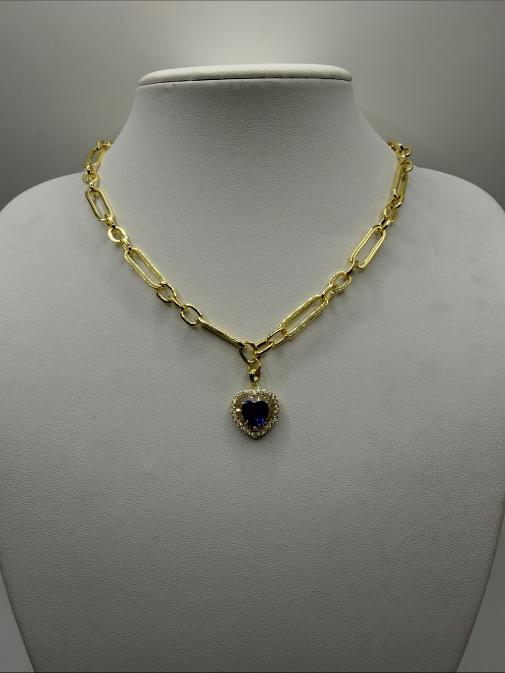 133. Gold Link Necklace with Blue Crystal Heart Pendant 18” - 20”